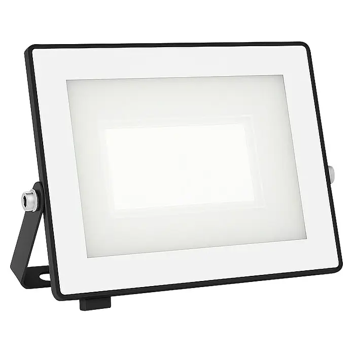 Philips Proyector LED Lois Flood - 30 W, Negro, L x An x Al: 3 x 16 x 15 cm - Primer plano de un foco LED cuadrado con marco negro y luz blanca brillante.
