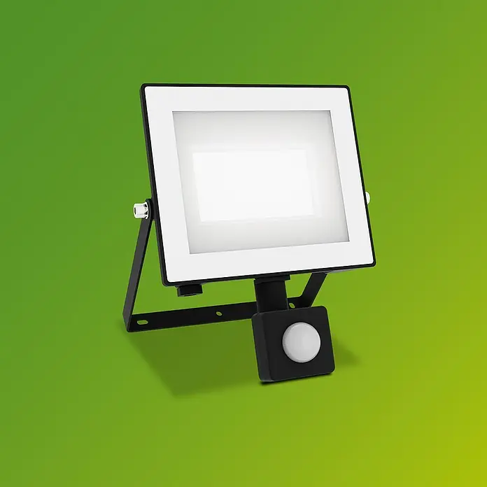 Philips Proyector LED con sensor Lois Flood - 30 W, Negro, L x An x Al: 6 x 19 x 16 cm, Blanco frío - Foco LED de exterior con detector de movimiento sobre un fondo verde. El foco es blanco y negro.