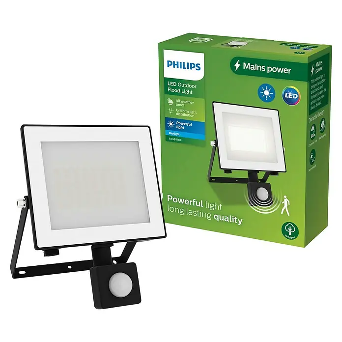 Philips Proyector LED con sensor Lois Flood - 30 W, Negro, L x An x Al: 6 x 19 x 16 cm, Blanco frío - Imagen de un foco LED de exterior Philips con sensor de movimiento, que proporciona una iluminación potente y duradera para espacios exteriores.