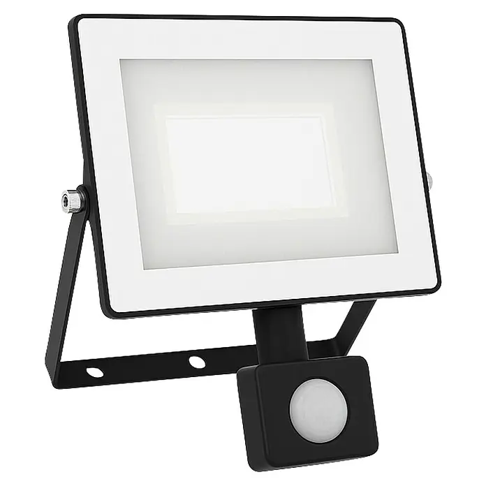 Philips Proyector LED con sensor Lois Flood - 30 W, Negro, L x An x Al: 6 x 19 x 16 cm, Blanco frío - Un primer plano de un foco LED negro con sensor de movimiento, que presenta un bisel blanco.