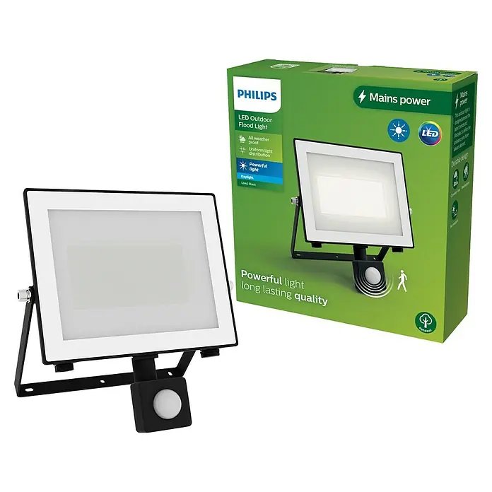 Philips Proyector LED con sensor Lois Flood - 50 W, Negro, L x An x Al: 6 x 21 x 20 cm, Blanco frío - Imagen de un foco LED de exterior Philips con sensor de movimiento y embalaje, destacando la larga duración y la luz potente.