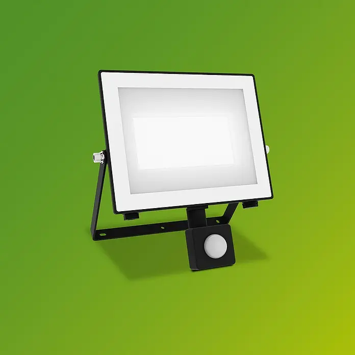 Philips Proyector LED con sensor Lois Flood - 50 W, Negro, L x An x Al: 6 x 21 x 20 cm, Blanco frío - Un foco LED negro con sensor de movimiento y marco blanco sobre un fondo verde. Ideal para la iluminación exterior.