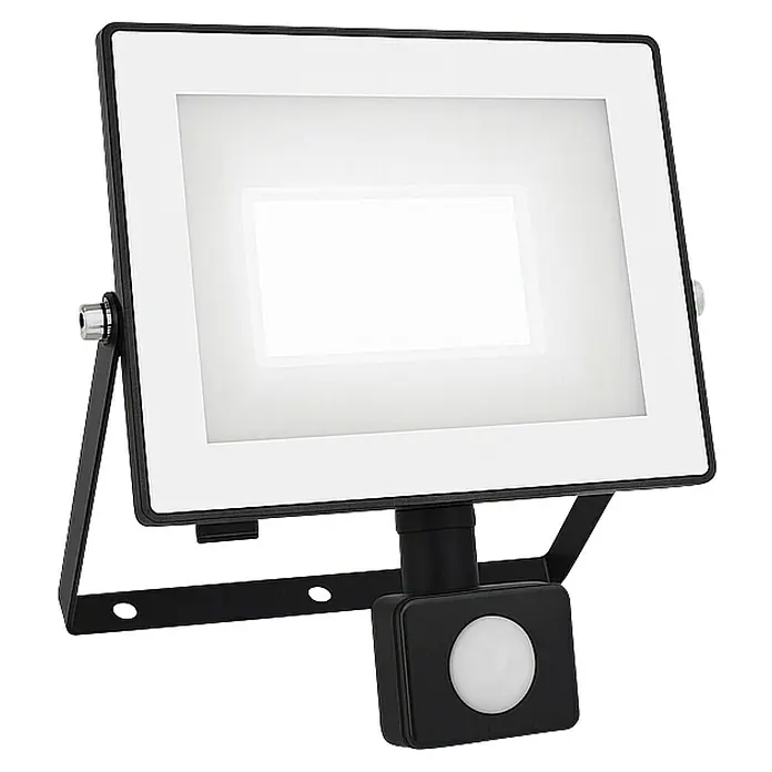 Philips Proyector LED con sensor Lois Flood - 50 W, Negro, L x An x Al: 6 x 21 x 20 cm, Blanco frío - Luz LED brillante para exteriores con sensor de movimiento. La luz es blanca con marco y soporte negros, ideal para uso en exteriores.