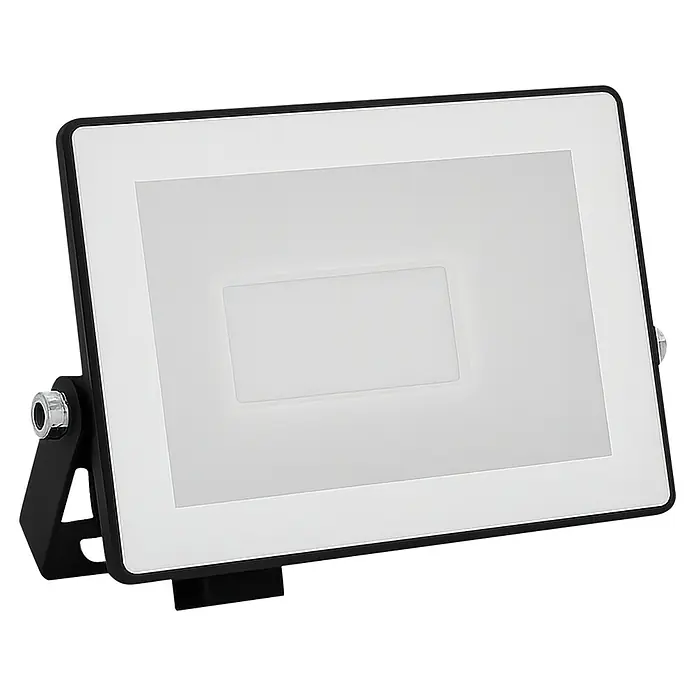 Philips Proyector LED Lois Flood - 10 W, Negro, L x An x Al: 2 x 11 x 9 cm - Un primer plano de un reflector LED, que muestra su carcasa negra y su área emisora de luz rectangular brillante. La luz está montada sobre una base negra.