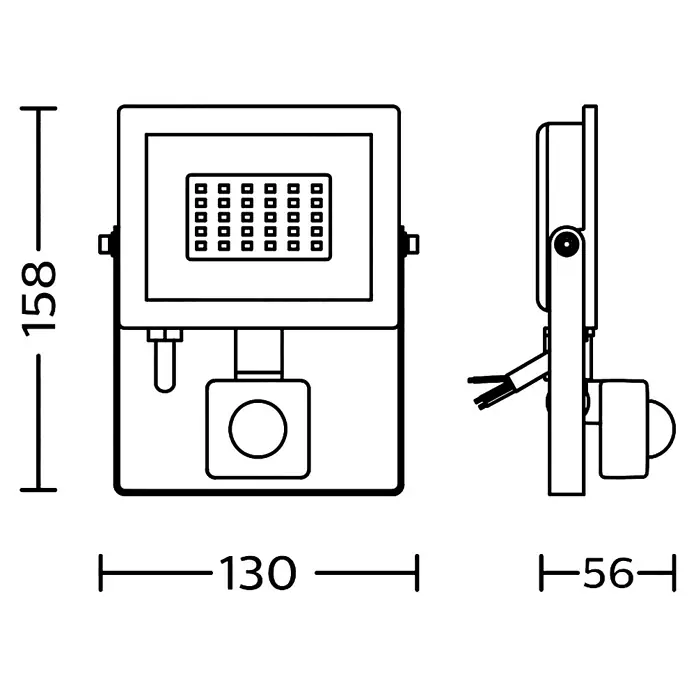 Philips Proyector LED con sensor Lois Flood - 20 W, Negro, L x An x Al: 6 x 16 x 13 cm, Blanco frío - Dibujo técnico de un foco LED con sensor de movimiento integrado, dimensiones: 158x130x56 mm.