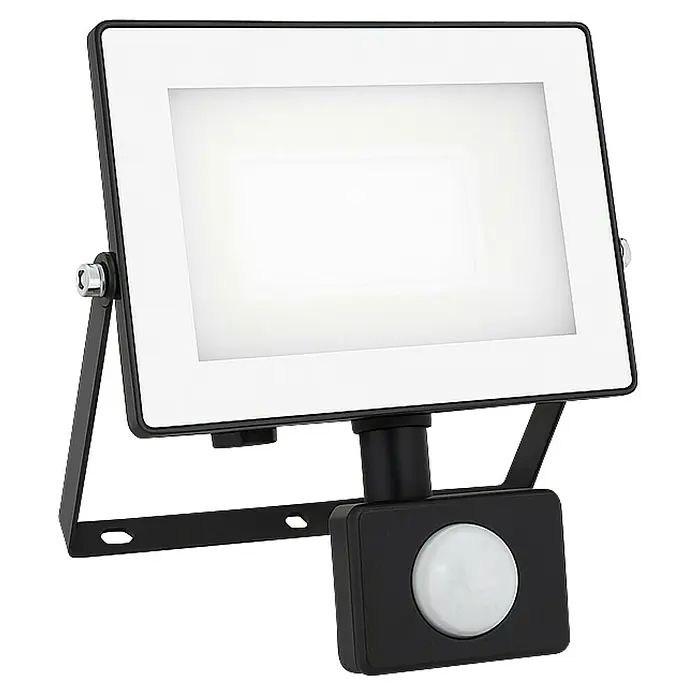 Philips Proyector LED con sensor Lois Flood - 20 W, Negro, L x An x Al: 6 x 16 x 13 cm, Blanco frío - Un foco LED exterior en blanco y negro con detector de movimiento, ideal para iluminar espacios exteriores.