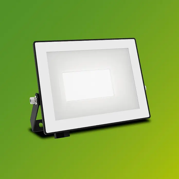 Philips Proyector LED Lois Flood - 20 W, Negro, L x An x Al: 2 x 13 x 11 cm, Blanco frío - Un foco LED con marco negro e interior blanco sobre un fondo verde.