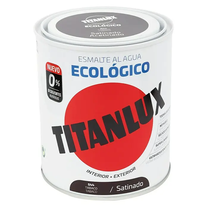 Titanlux Esmalte de color Eco - Tabaco, Satinado, 750 ml, Base de agua - Bote de pintura al agua "Ecológico" de Titanlux en color tabaco, acabado satinado, para interiores y exteriores. Pintura ecológica sin disolventes alifáticos.