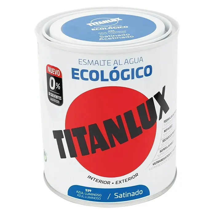 Titanlux Esmalte de color Eco - Azul luminoso, Satinado, 750 ml, Base de agua - Bote de esmalte al agua Titanlux, ecológico en azul luminoso, para interior y exterior, super lavable y ultra resistente.