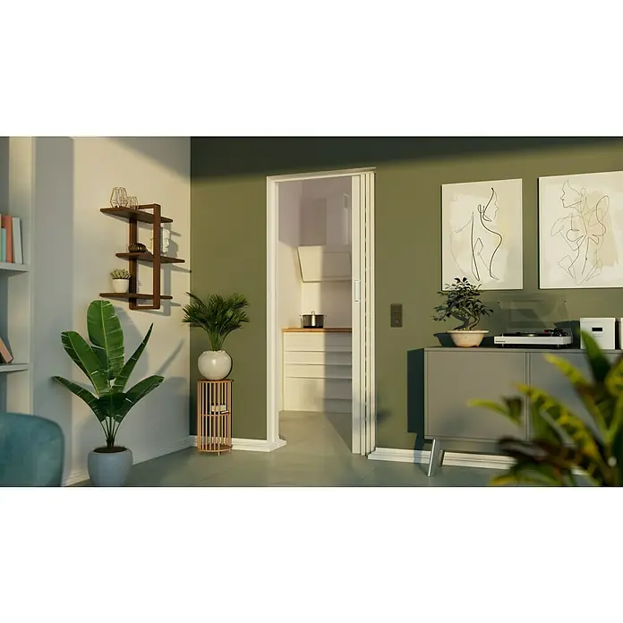 Glas-Falttür - 85 x 205 cm, Satiniertes Glas, Weiß ähnlich RAL 9016 - Ein einladendes Interieur mit einer platzsparenden Falttür, die in einen hellen Küchenbereich führt, ergänzt durch Pflanzen und moderne Kunst.