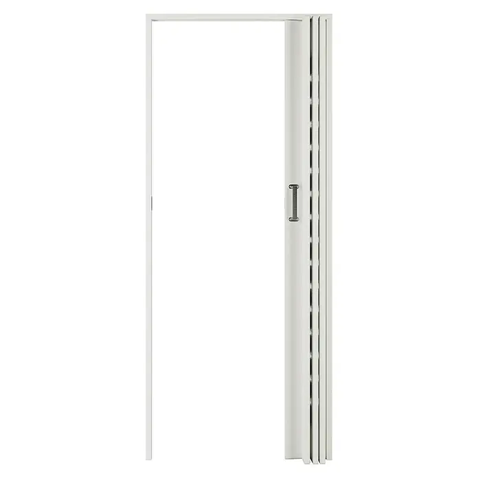 Glas-Falttür - 85 x 205 cm, Satiniertes Glas, Weiß ähnlich RAL 9016 - Ein elegantes, weißes Schiebetürsystem mit einem Griff ist zu sehen. Das System bietet Privatsphäre und eine moderne Raumlösung.
