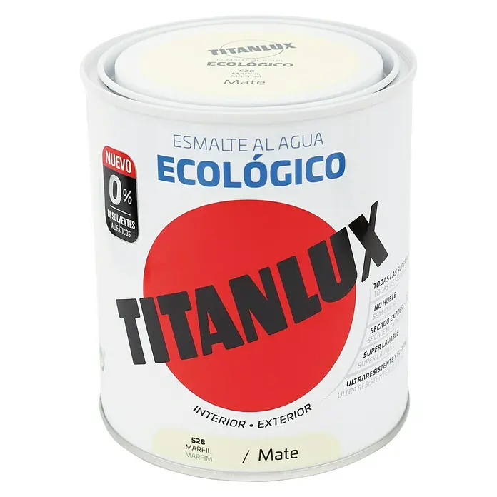 Titanlux Esmalte de color Eco - Marfil, Mate, 750 ml, Base de agua - Bote de esmalte al agua Titanlux, ecológico, color marfil, mate, para interiores y exteriores.