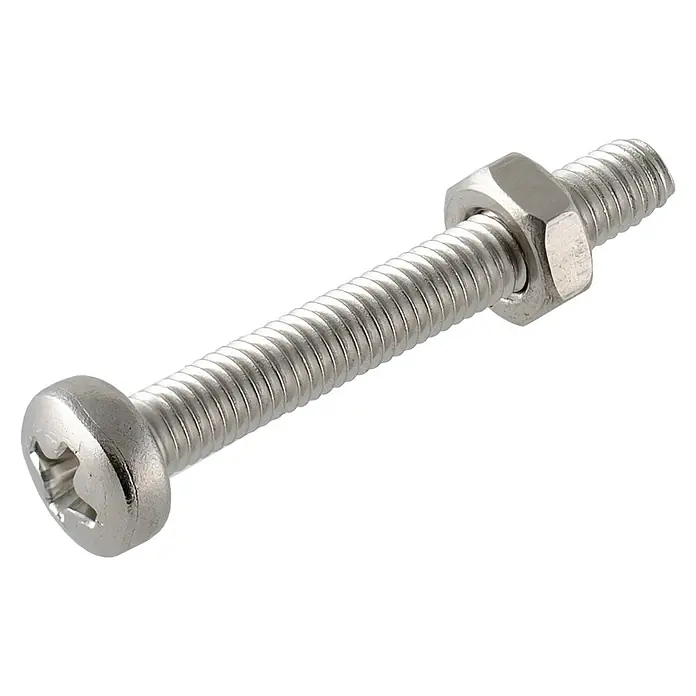Zylinderschraube - M 3, Länge: 10 mm, 8 Stk., Edelstahl - Nahaufnahme einer silbernen Schraube mit passender Mutter vor einem schwarzen Hintergrund, die Details der Gewinde hervorhebt.