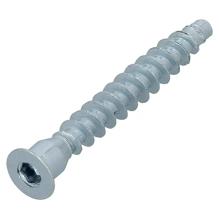 Suki Tornillo de unión - Ø x L: 7 x 50 mm, Casquillo hexagonal SW4 - Primer plano de un tornillo de cabeza avellanada brillante con un encastre hexalobular, perfecto para fijaciones precisas en madera.