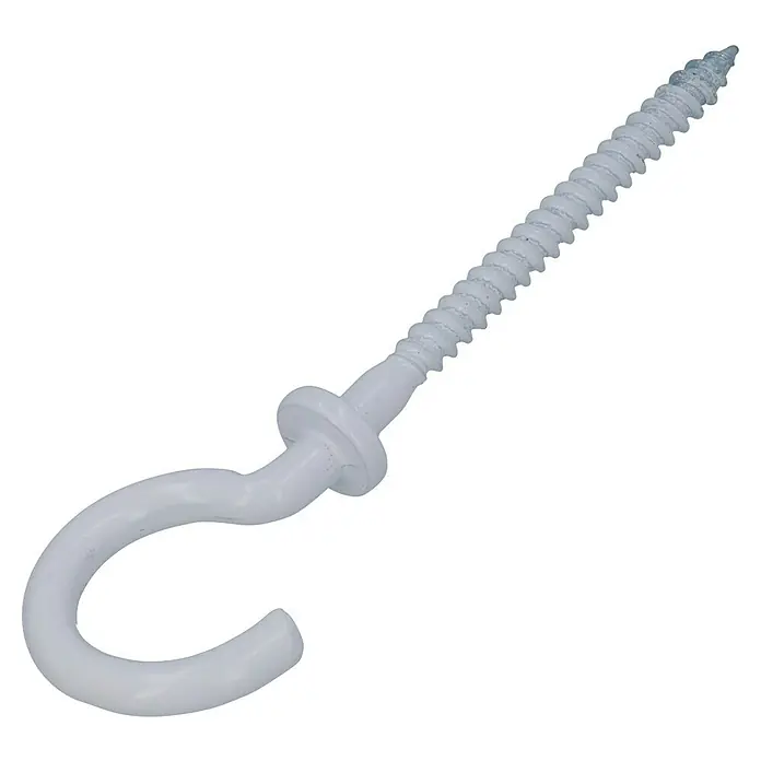 Schraubhaken mit Beffe - Ø x L: 3,5 x 68 mm, Holzgewinde, Mit Beffe - Nahaufnahme eines weißen Schraubhaken, ideal zum Aufhängen von Objekten an Wänden oder Decken. Seine Beschichtung schützt vor Korrosion.