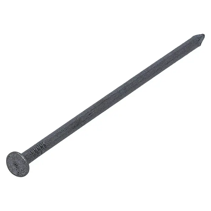 Nagel - Ø x L: 4,6 x 130 mm, Stahl, 25 Stk. - Detailaufnahme eines einzelnen, grauen Baunagels, der diagonal auf einem kontrastierenden Hintergrund liegt.