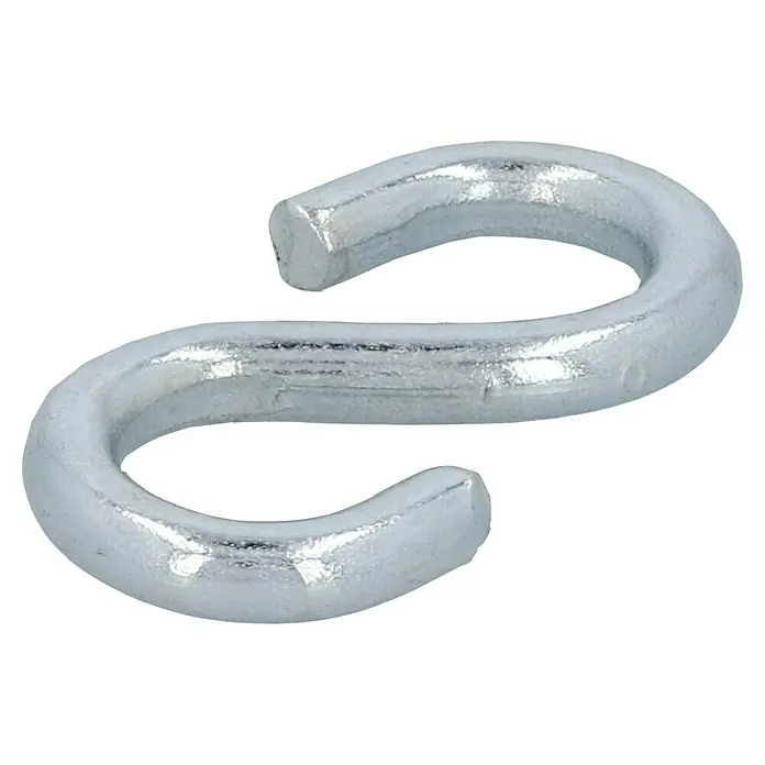S-Haken - Ø x L: 4,5 x 40 mm, 10 Stk., Verzinkt - Nahaufnahme eines silbernen S-Haken, der sich ideal zum Aufhängen von Gegenständen eignet und vielseitig einsetzbar ist.