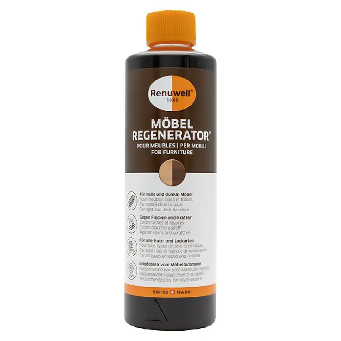 Renuwell Möbel-Regenerator - 500 ml - Bild einer Flasche Renuwell Möbel Regenerator, einem Produkt zur Möbelpflege und -regeneration.