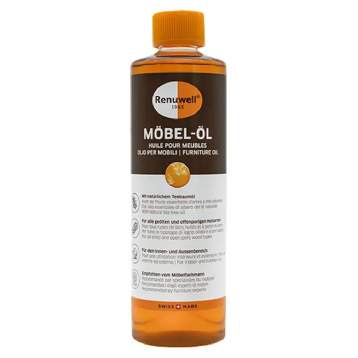 Renuwell Möbel-Öl - 500 ml - Das Bild zeigt eine Flasche Renuwell Möbel-Öl, ein Pflegeprodukt für Möbel mit natürlichem Teebaumöl.