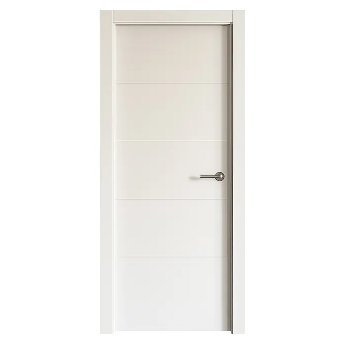 Pack puerta de interior Recife EVO - 62,5 x 203 cm, Izquierda, Blanco - Elegante puerta interior blanca con líneas horizontales y una manija moderna, que combina estilo y funcionalidad.