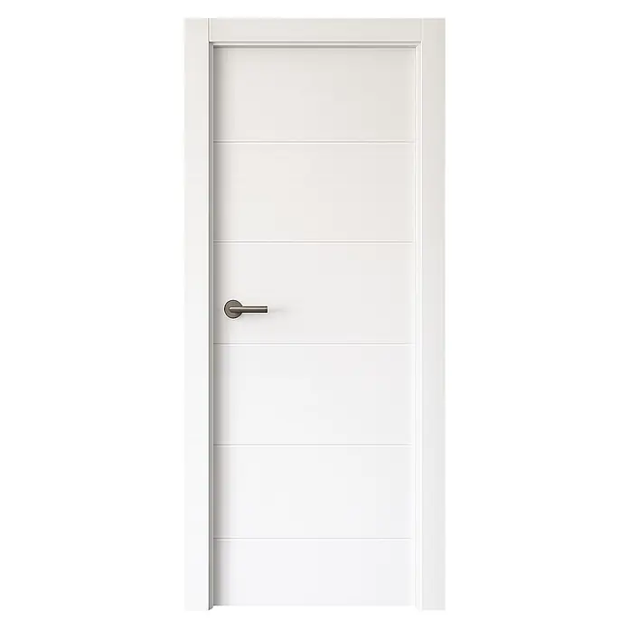 Pack puerta de interior Recife EVO - 62,5 x 203 cm, Derecha, Blanco - Una puerta blanca moderna con líneas horizontales y una manija plateada. El diseño simple se adapta bien a estilos interiores contemporáneos.