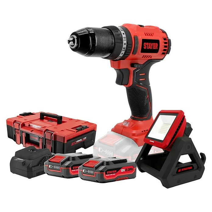 Stayer Set taladro atornillador percutor de batería PBL50 y foco LED FL 18V (18 V, 2 baterías, 2 Ah, 50 Nm, 6 pzs.) | BAUHAUS