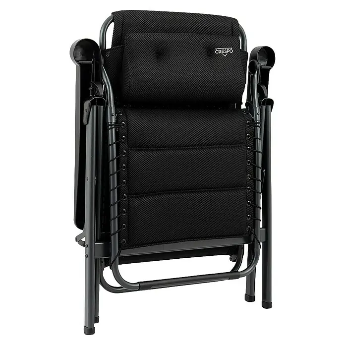 Crespo Relaxsessel Air Deluxe - L x B x H: 78 x 71 x 119 cm, Schwarz - Nahaufnahme eines schwarzen Crespo-Campingstuhls, ideal für Outdoor-Entspannung mit robustem Rahmen und komfortabler Sitzfläche.