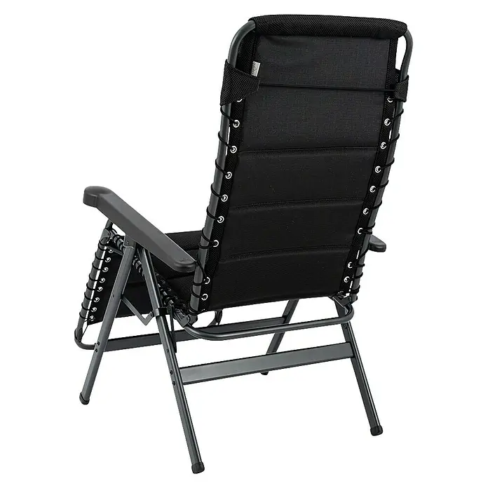 Crespo Relaxsessel Air Deluxe - L x B x H: 78 x 71 x 119 cm, Schwarz - Rückansicht eines schwarzen Zero-Gravity-Stuhls mit Rahmen aus pulverbeschichtetem Stahl und elastischen Schnüren zur Befestigung des gepolsterten Sitzes.