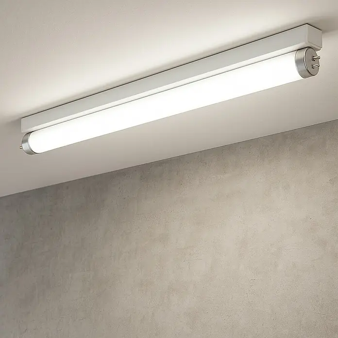 Osram Leuchtstoffröhre Daywhite - Länge: 90 cm, Neutralweiß, 30 W, 2.400 lm, G13 - Deckenleuchte mit einer länglichen, hellen Leuchtstoffröhre und einer weißen Halterung an einer grauen Decke.