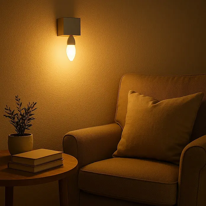 Voltolux Bombilla LED Vela - E14, No regulable, Blanco cálido, 245 lm, 3 W - Elegante lámpara de pared que emite una luz cálida junto a un cómodo sillón, ideal para un ambiente relajante.