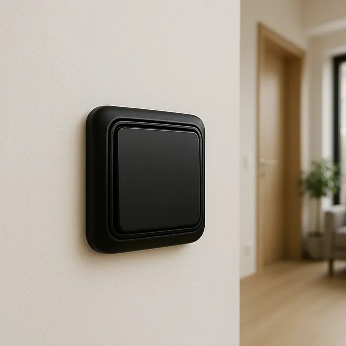 Fontini BF-18 Conmutador - Grafito, Montaje en la pared, 10 A - Diseño elegante de interruptor negro sobre una pared blanca. Un detalle minimalista para interiores modernos que combina funcionalidad y estilo.