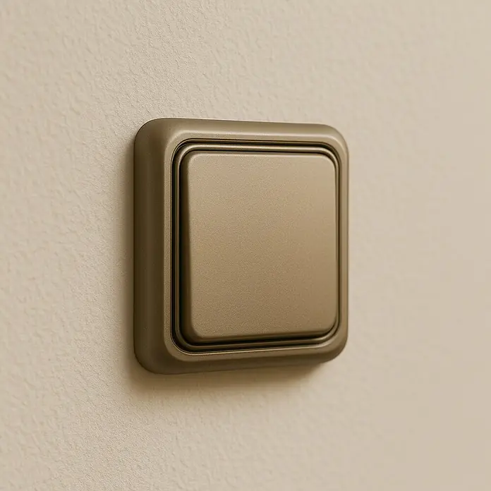 Fontini BF-18 Conmutador - Cobre, Montaje en la pared, 10 A - Primer plano de un interruptor de luz cuadrado de color bronce en una pared de color crema. El interruptor tiene un diseño redondeado.