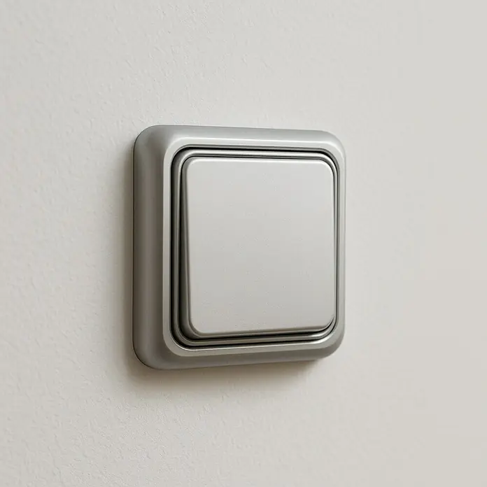 Fontini BF-18 Conmutador - Aluminio, Montaje en la pared, 10 A - Primer plano de un interruptor de luz plateado en una pared blanca, mostrando su diseño moderno y minimalista.