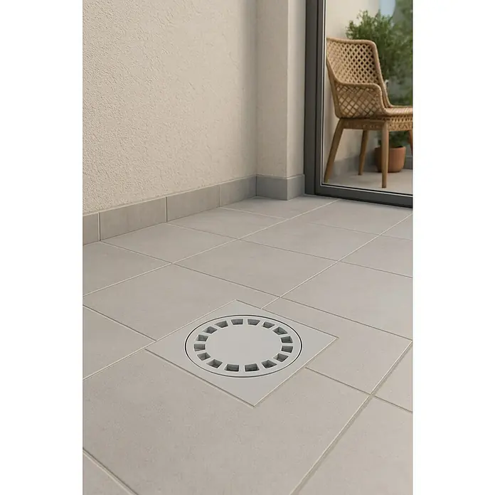Dakota Sumidero sifónico - 10 x 10 cm, Diámetro conexión de descarga: 40 mm, Polipropileno - La imagen muestra un desagüe de piso moderno con una cubierta cuadrada y una abertura de desagüe redonda, incrustado en baldosas claras.