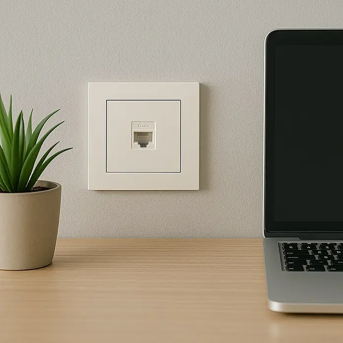 Toma de teléfono London - x 1, Blanco, Instalación empotrada - Primer plano de una toma de pared Ethernet en una oficina moderna, junto a un portátil y una planta de interior.