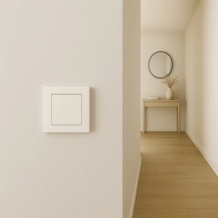 Conmutador London - Blanco, Montaje en superficie - Primer plano de un interruptor de luz cuadrado de color crema en una pared clara, destacando su diseño minimalista y funcionalidad moderna.