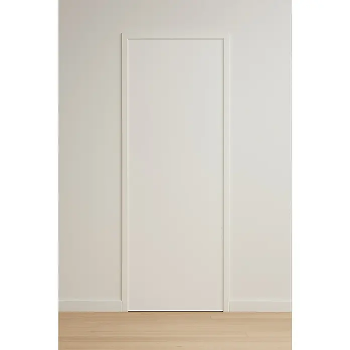Solid Elements Hoja de puerta KNP - 82,5 x 203 cm, Blanco, Alveolar, Sin uñero - Puerta interior luminosa con marco estrecho contra una pared clara. La puerta está cerrada y se integra perfectamente en el diseño de la pared.