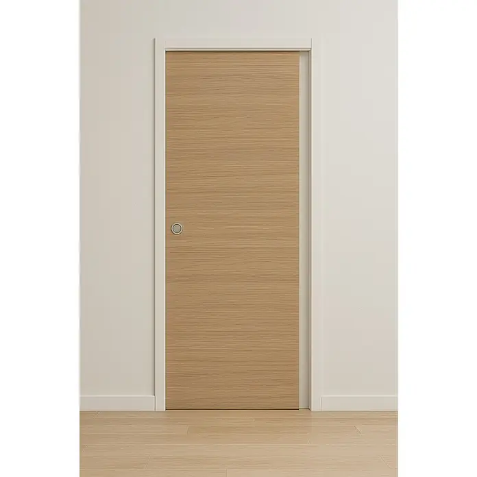 Solid Elements Hoja de puerta Roble Urban - 72,5 x 203 cm, Roble claro, Maciza, Con canal - Moderna puerta corredera de madera con un tirador redondo sencillo en una pared luminosa. Diseño minimalista para un hogar contemporáneo.