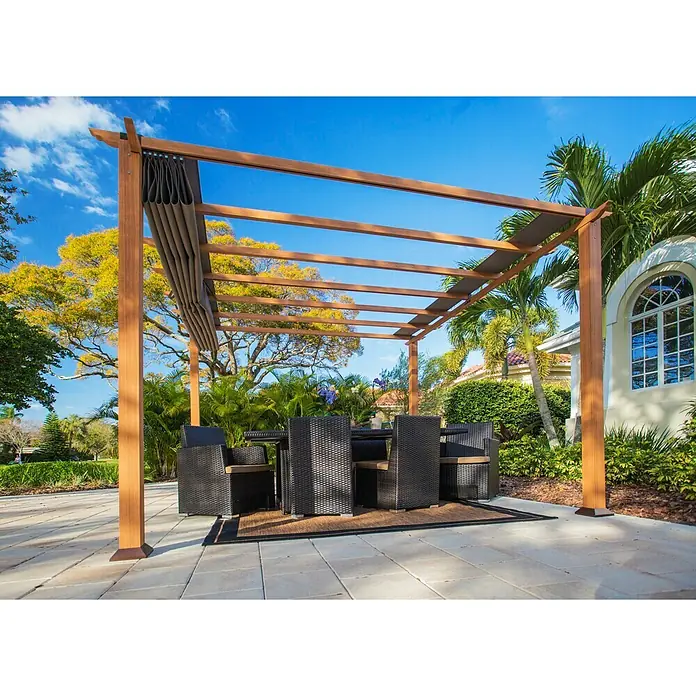 Paragon Outdoor Raffpavillon Florida - B x T: 350 x 350 cm, Farbe Dach: Braun, Farbe Gestell: Braun - Elegante Holzpergola mit verstellbarem Sonnenschutz und Esstischgruppe auf einer Terrasse mit Gartenblick.