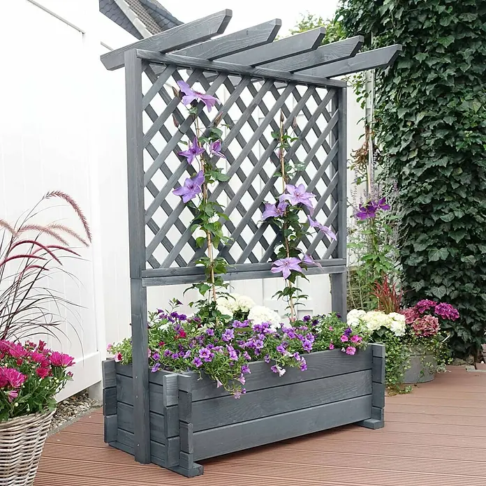 Promadino Pflanzkasten mit Pergola - Außenmaß (L x B x H): 140 x 64,5 x 102 cm, Holz, Grau - Der graue Pflanzkasten mit Rankgitter und blühenden Pflanzen ist eine dekorative Ergänzung für jeden Garten oder Terrasse.