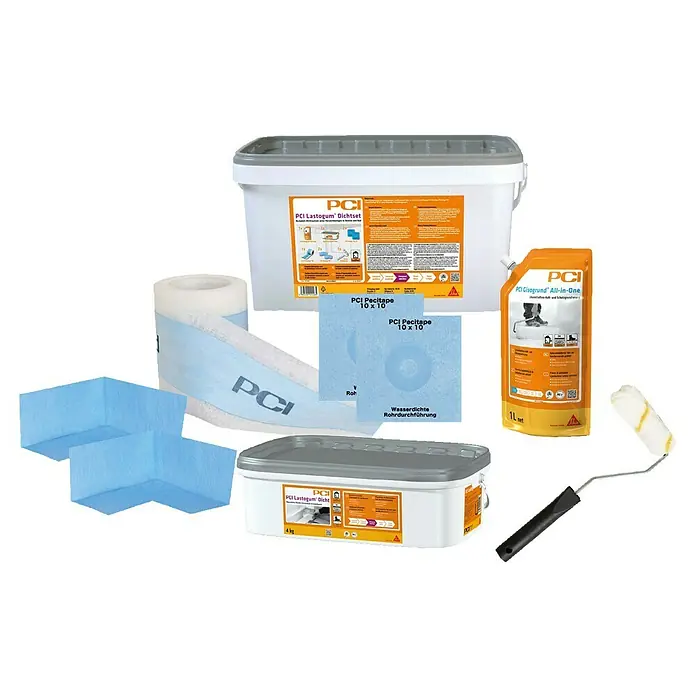 PCI Lastogum-Dichtset - Grau, 4 kg - Das Bild zeigt ein Set von PCI-Produkten, darunter PCI Lastogum Dichtset, PCI Pecitape, PCI Gisogrund All-in-One und weiteres Zubehör.