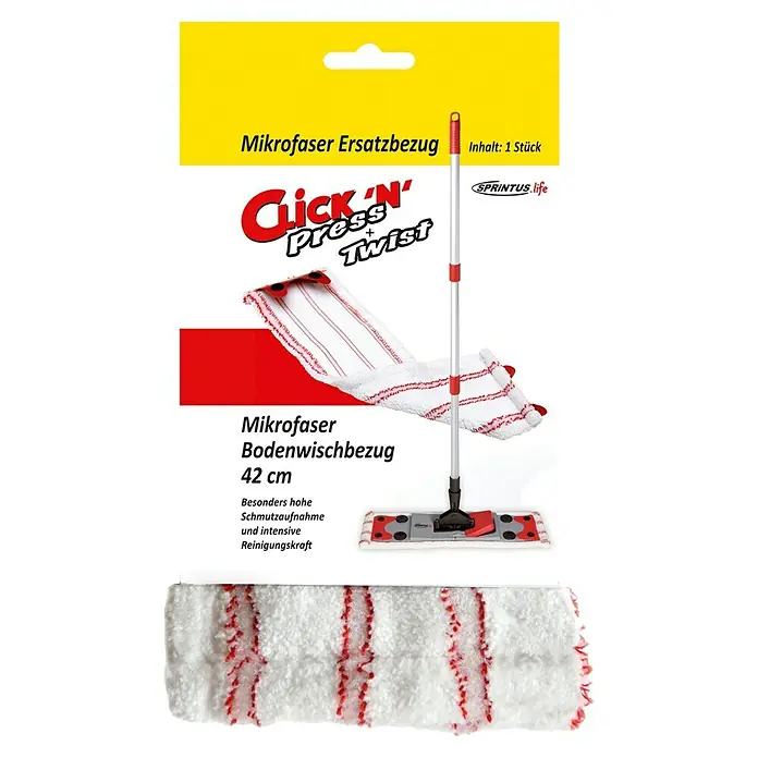 Sprintus Ersatz-Bezug Click N Press - 80 % Mikrofaser, 20 % weiche Abrasivborsten - Produktverpackung für einen Mikrofaser-Bodenwischbezug „Click N' Press Twist“ mit rotem Muster, 42 cm.
