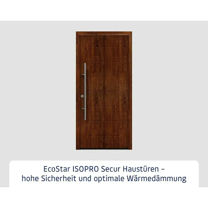 Hörmann EcoStar Haustür ISOPRO Secur IPS 015 - 110 x 210 cm, DIN Anschlag: Links, Dark Oak - Eine moderne EcoStar ISOPRO Secur Haustür in Holzoptik mit einem langen, silbernen Griff.