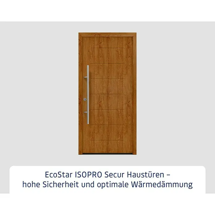 Hörmann EcoStar Haustür ISOPRO Secur IPS 015 - 110 x 210 cm, DIN Anschlag: Links, Golden Oak - Elegante Haustür mit Holzoptik und langem, geradem Griff. Sie bietet hohe Sicherheit und Wärmeisolierung für Ihr Zuhause.