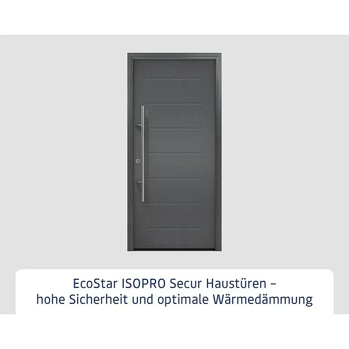Hörmann EcoStar Haustür ISOPRO Secur IPS 015 - 110 x 210 cm, DIN Anschlag: Links, CH 703 Anthrazit Metallic - Graue EcoStar ISOPRO Secur Haustür mit horizontalen Linien und einem langen, schlanken Griff.