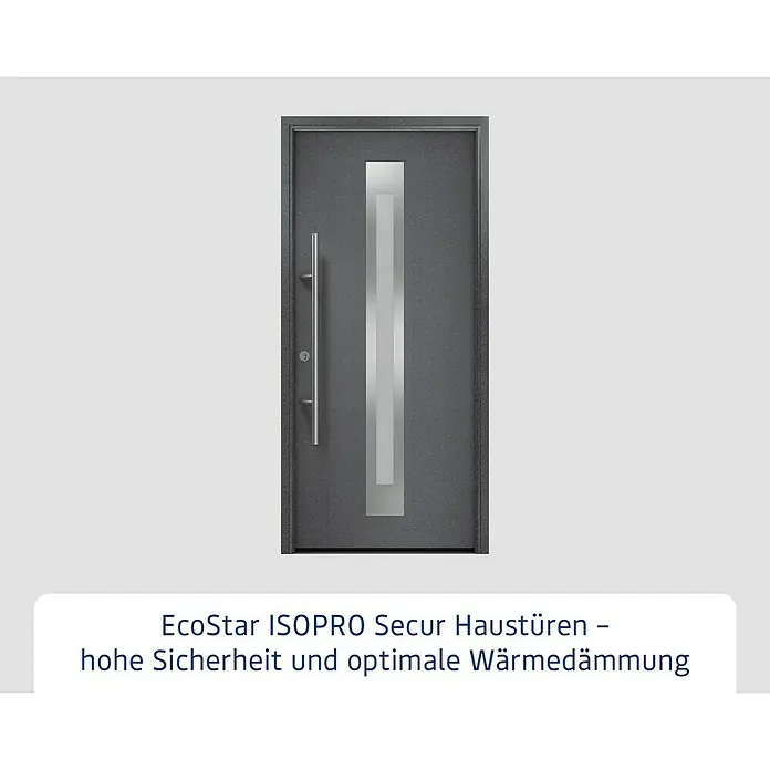 Hörmann EcoStar Haustür ISOPRO Secur IPS 770S - 110 x 210 cm, DIN Anschlag: Links, CH 703 Anthrazit Metallic - Eine moderne EcoStar ISOPRO Secur Haustür in Anthrazit mit einem eleganten, vertikalen Glaseinsatz und einem langen, schlanken Türgriff.