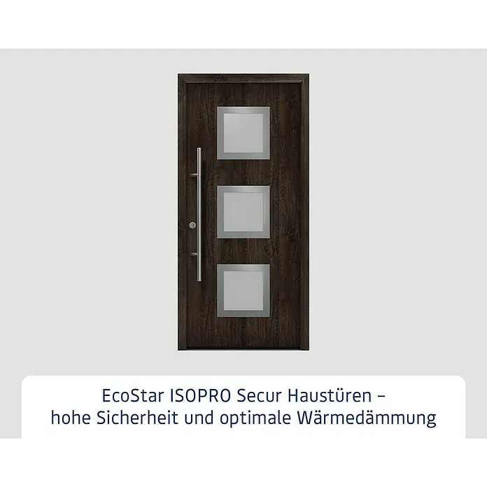 Hörmann EcoStar Haustür ISOPRO Secur IPS 810S - 110 x 210 cm, DIN Anschlag: Links, Night Oak - Abgebildet ist eine moderne EcoStar ISOPRO Secur Haustür mit Holzmuster und Glaseinsätzen, die für Sicherheit und Wärmedämmung steht.