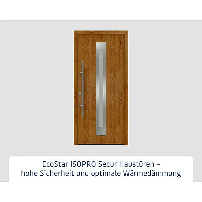Hörmann EcoStar Haustür ISOPRO Secur IPS 770S - 110 x 210 cm, DIN Anschlag: Links, Golden Oak - EcoStar ISOPRO Secur Haustür in Holzoptik mit einem vertikalen Glaseinsatz und einem modernen, langen Türgriff.