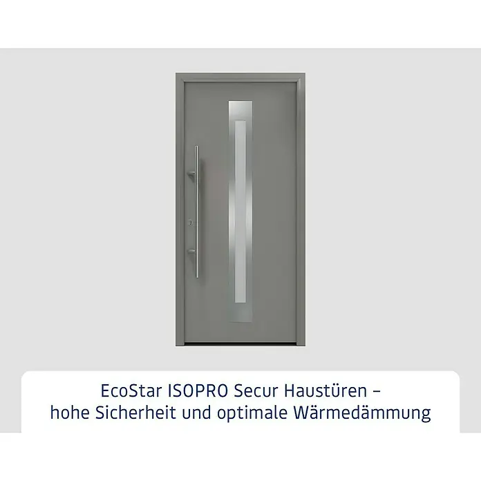 Hörmann EcoStar Haustür ISOPRO Secur IPS 770S - 110 x 210 cm, DIN Anschlag: Links, Graualuminium - Eine moderne graue EcoStar ISOPRO Haustür mit einem vertikalen Glaseinsatz und einem langen, silbernen Griff.