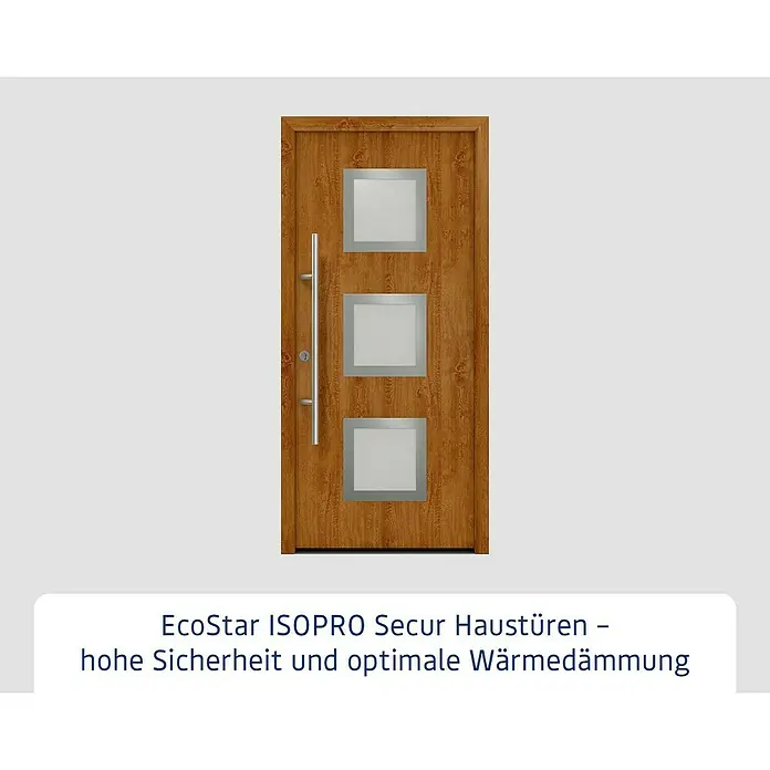 Hörmann EcoStar Haustür ISOPRO Secur IPS 810S - 110 x 210 cm, DIN Anschlag: Links, Golden Oak - EcoStar ISOPRO Secur Haustür in Holzoptik mit drei quadratischen Glaseinsätzen und einem langen, silbernen Türgriff für hohe Sicherheit.